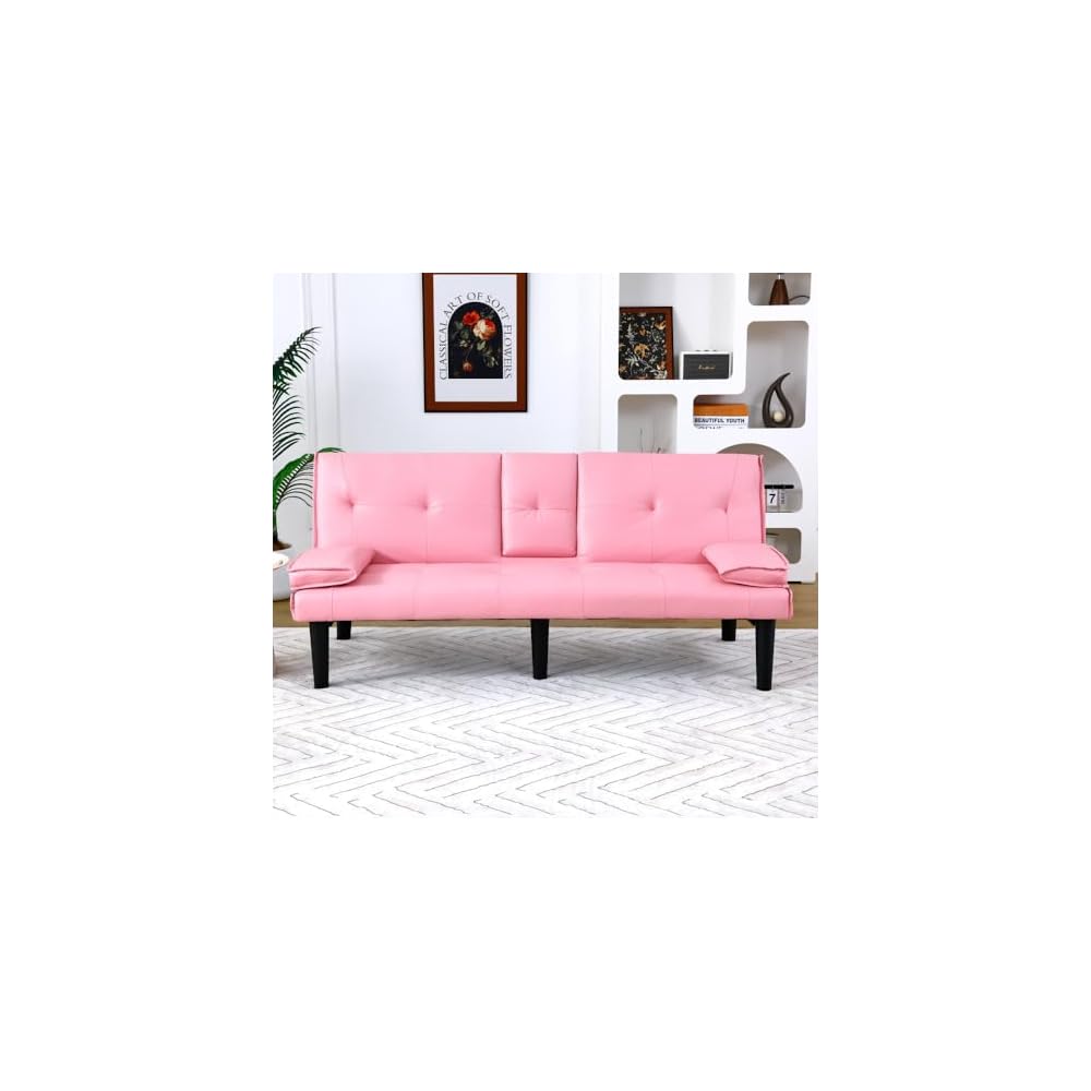 Convertible Sofa Bed, 67-Inch Pink PVC Futon Couch and Sleeper Sofa with Foldable Backrest and Cup Holders for Living Room, Apartment and Guest Room