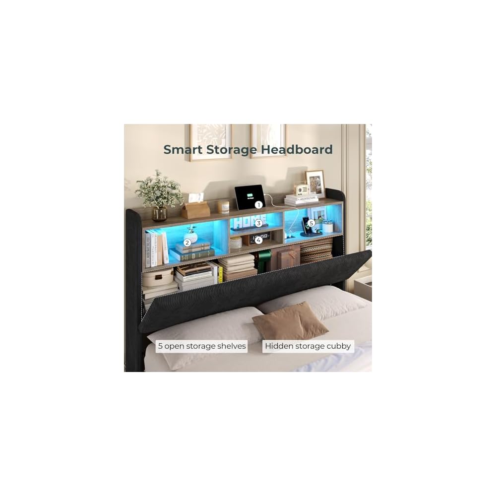 Queen Bed Frame with 4 Storage Drawers & Headboard, Corduroy Black