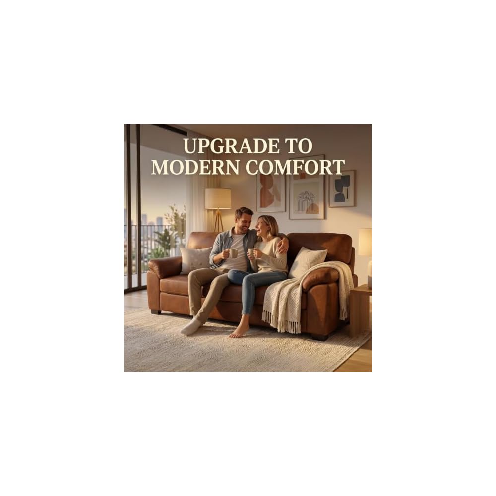 81" Faux Leather Sofa, Mid-Century Modern 3 Seater Couch, Light Brown