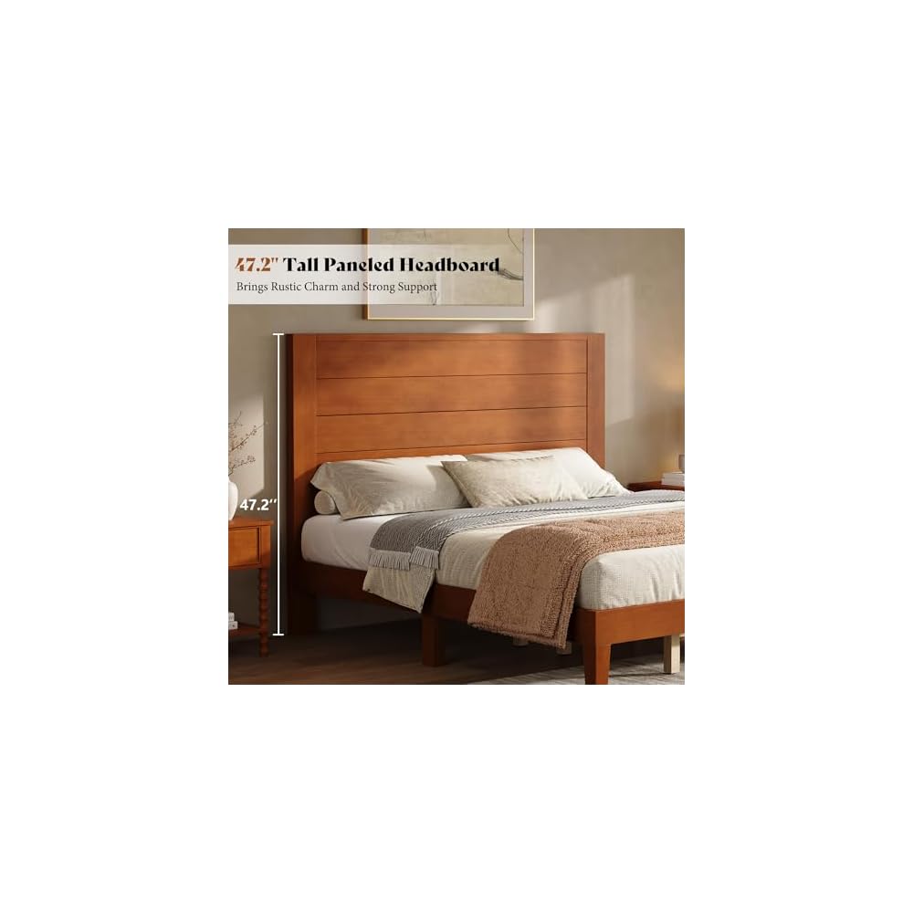 Full Size Solid Wood Platform Bed with Mid Century Style, Brown