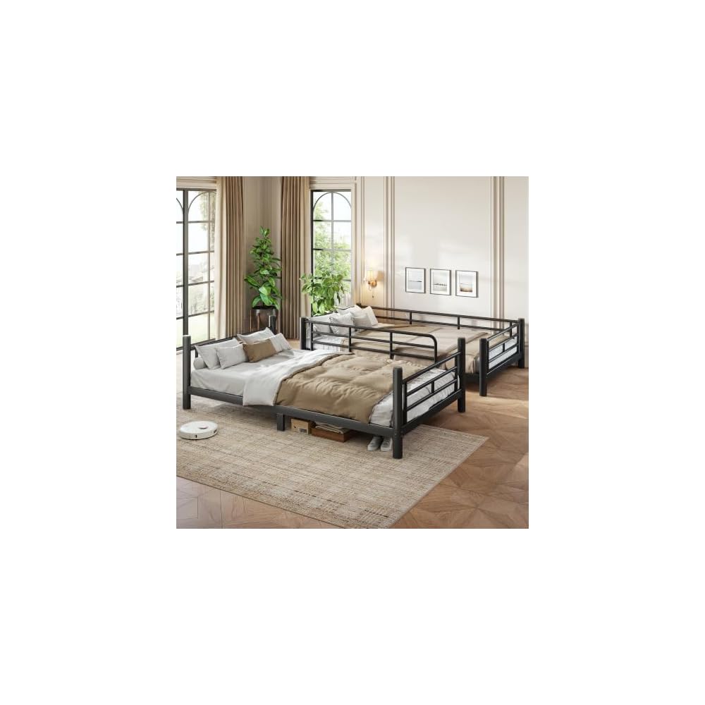 Twin XL Bunk Bed with Guardrail and Ladder, Convertible Bunk Bed Black