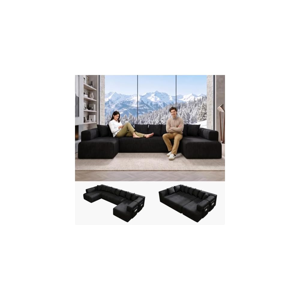 146.5" U‑Shaped Modular Boneless Cloud Sectional Sofa for Living Room