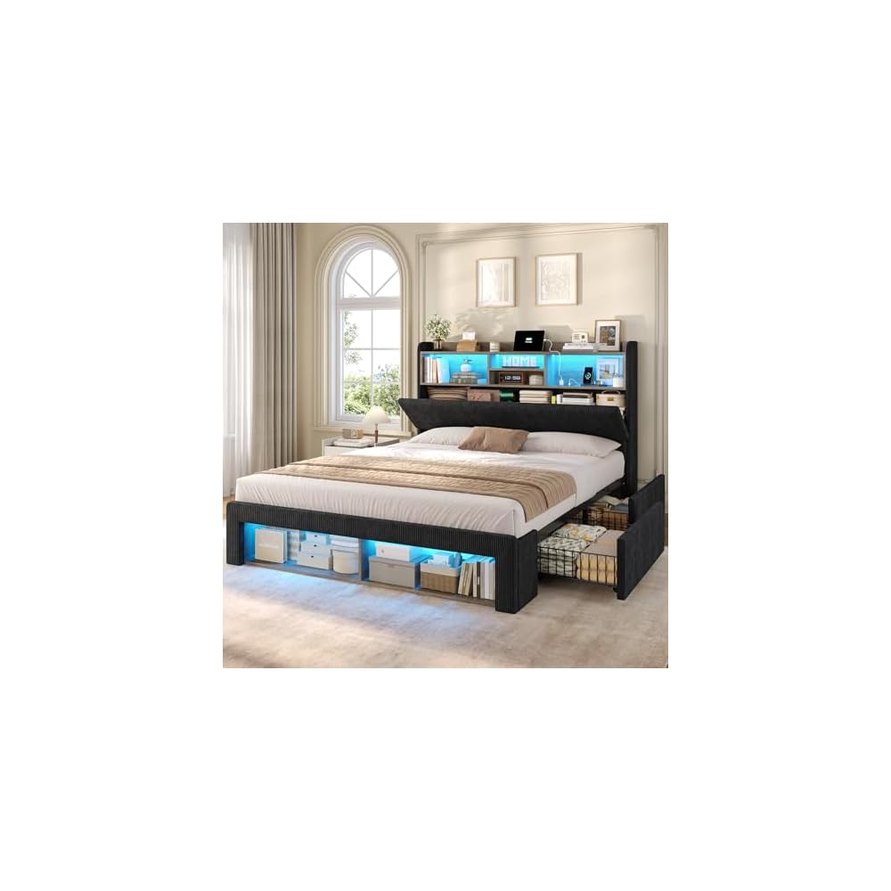 Queen Bed Frame with 4 Storage Drawers & Headboard, Corduroy Black
