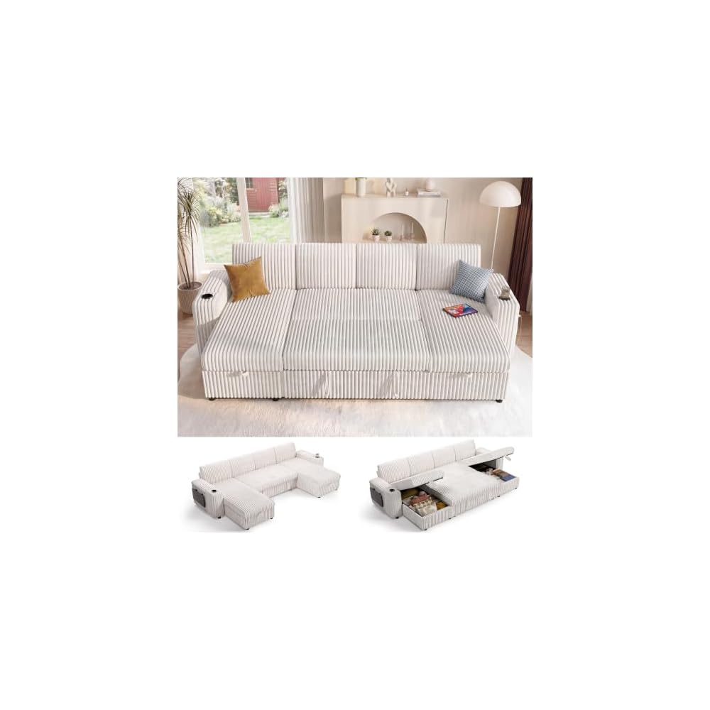 Modular Sectional Sleeper Sofa with Pull Out Bed, 108”U Shaped, Ivory