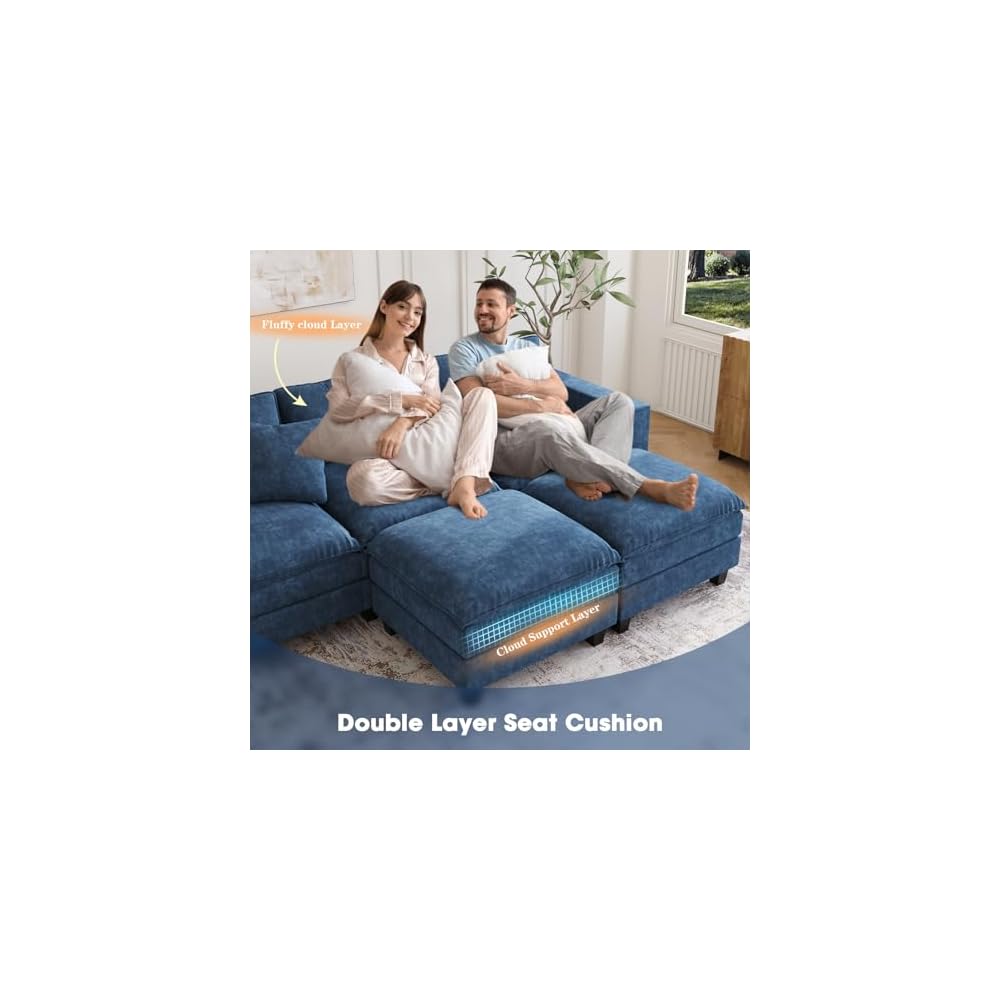 137",U Shaped Couch,Modern Modular Sectional Sofa, 4-Seater Comfy Cloud Couch with Two Movable Ottoman & Throw Pillows for Living Room, Bedroom and Apartment, Dark Blue