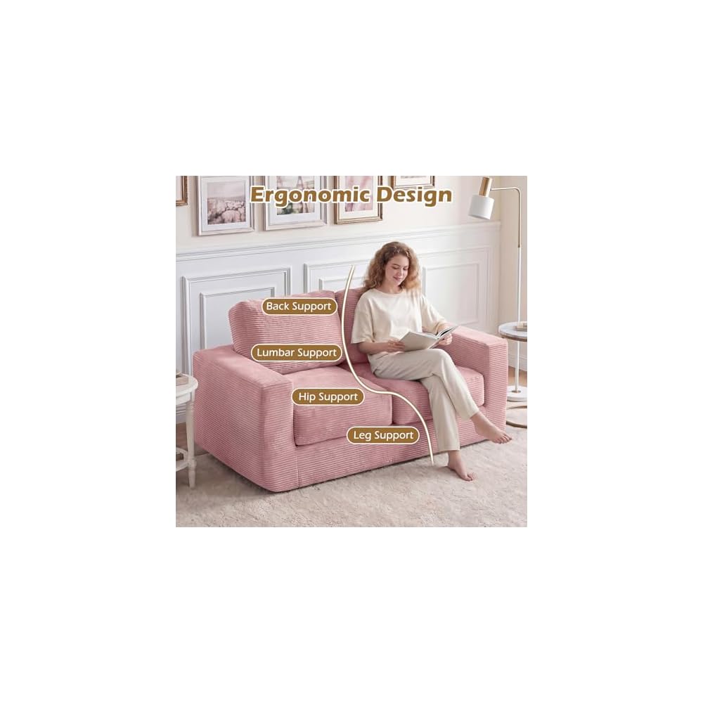 2-Seater Floor Couch, Loveseat Foam Sofa with Removable Corduroy Cover, Back & Seat Cushions, No Assembly, Boneless Loveseat Sofa for Small Spaces, Apartment, Living Room (Pink)
