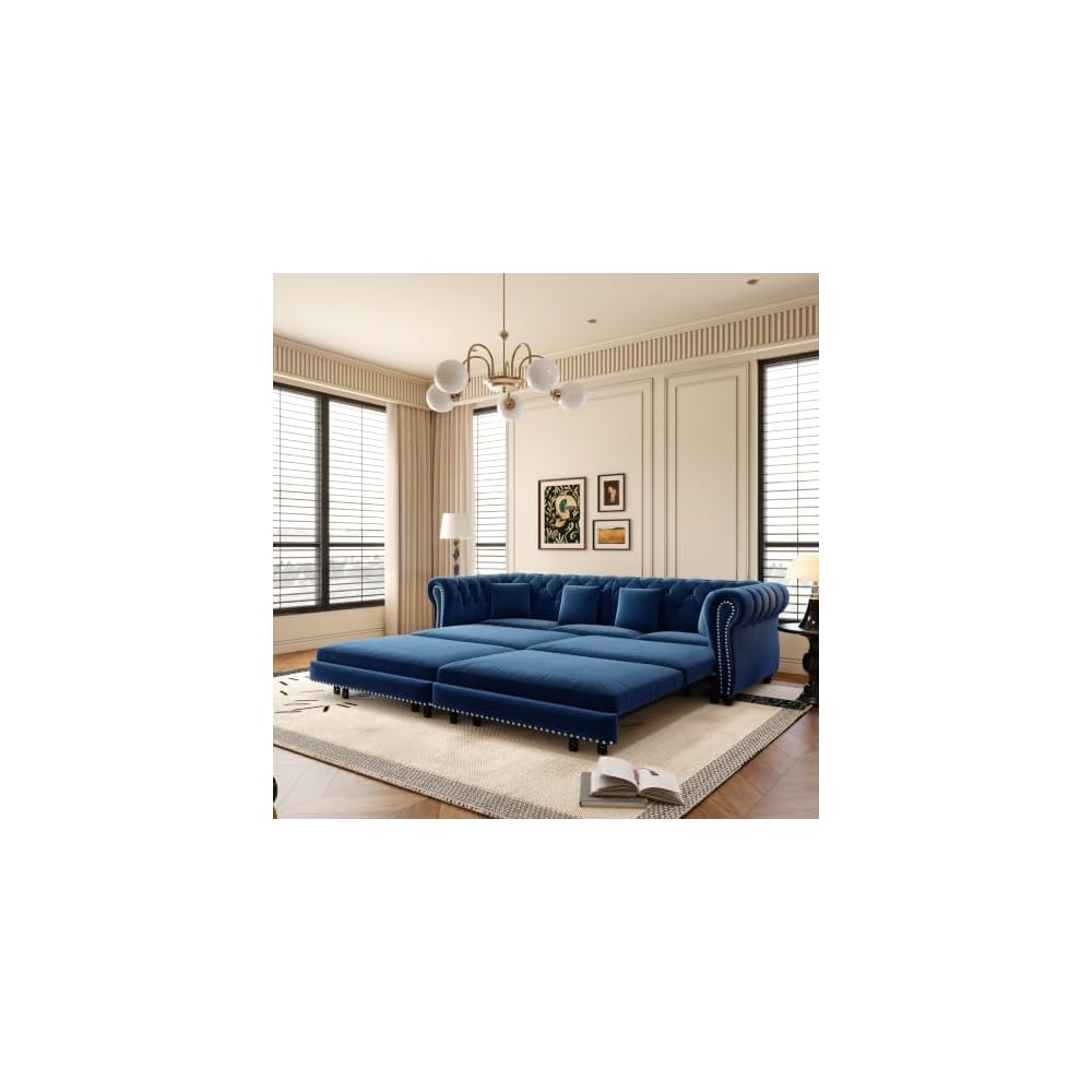 89" W 3-in-1 Convertible Sleeper Sofa Bed, King Size Pull-Out Sofa with Chaise Lounge, Velvet Tufted 3-Seater Sofa and Movable Ottoman for Living Room (Blue)