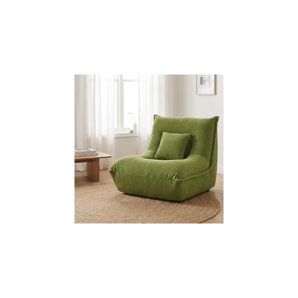 Chaise Lounge Chair - Modern Single Seater Floor Sofa with Pillow, Memory Foam Filled Compressed Sofa for Bedroom Game Living Room - Comfortable Ergonomic Lounger, No Assembly Needed, Green
