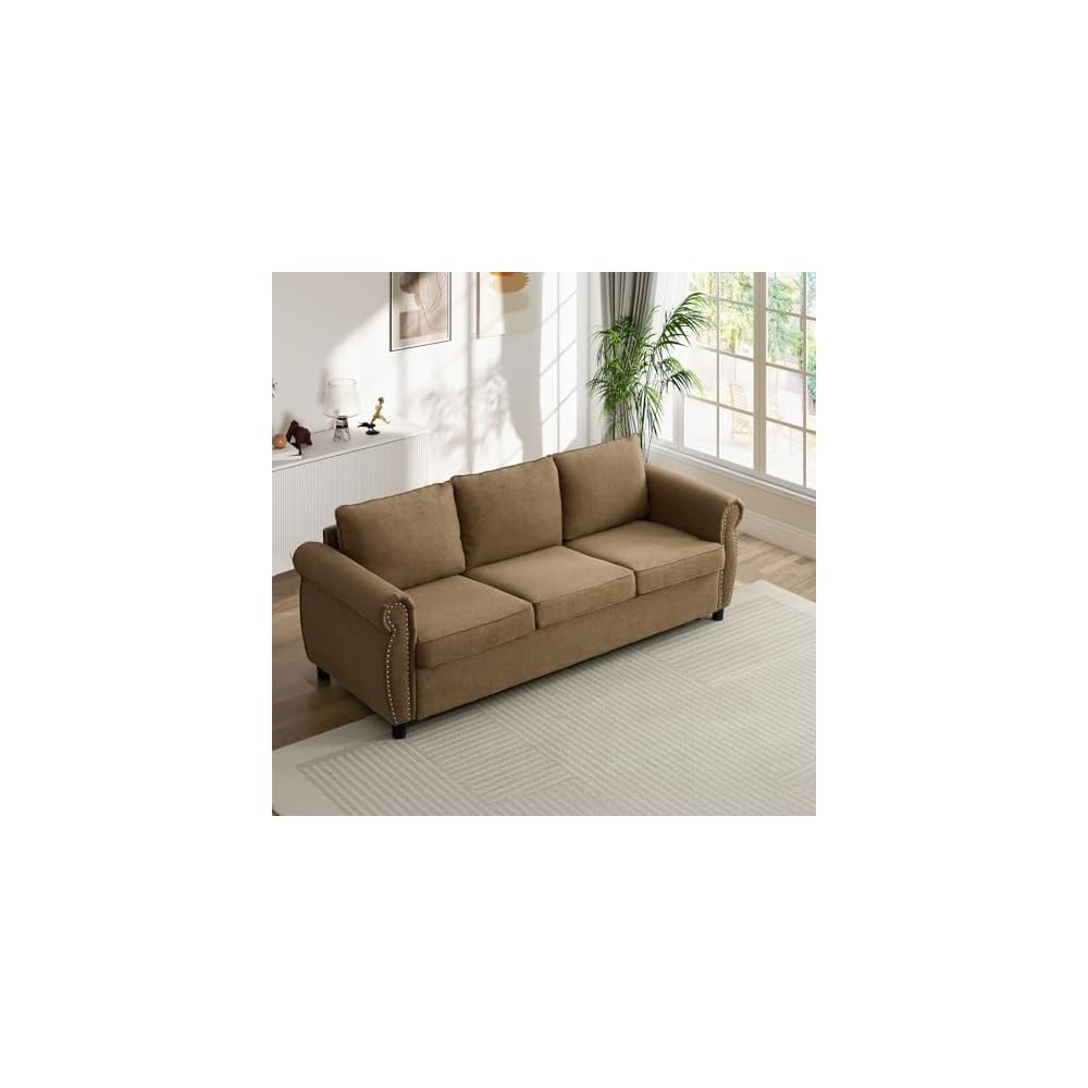 Pull Out Sofa Bed with Mattress Included, Convertible Futon Oversized Chenille 3 Seater Loveseat Sleeper Sofa Couch Bed with Rivet Decoration & Rolled Arms for Guest Room Office Living Room, Brown