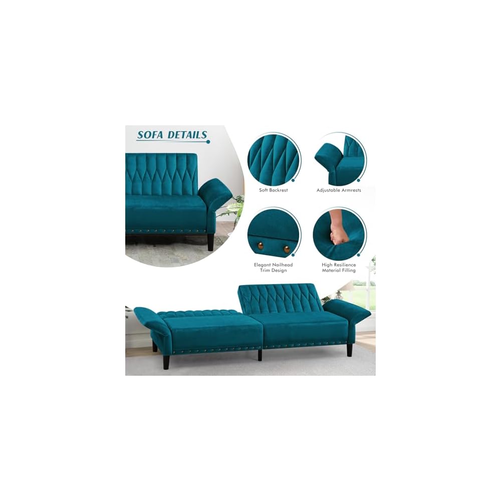77" Velvet Futon Sofa Bed w/Adjustable Backrests & Armrests, Teal