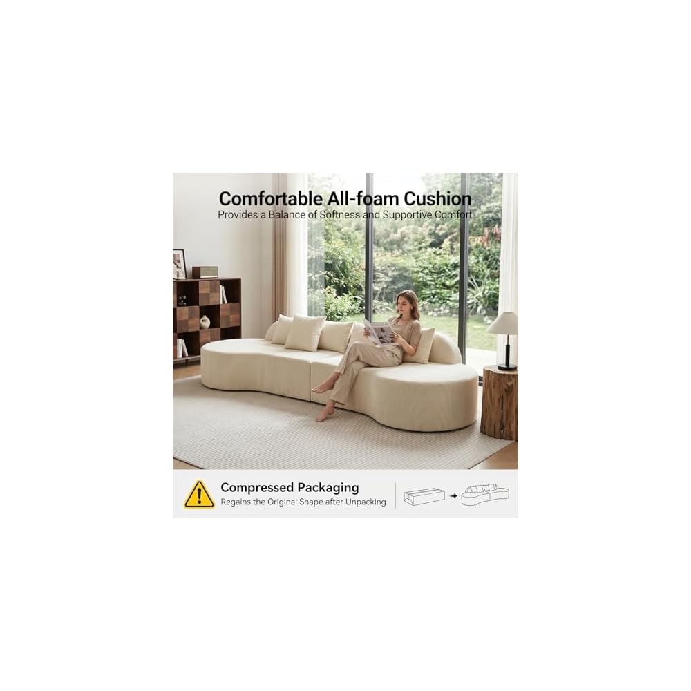 130'' Boneless Curved Couch for Living Room, Oversized Modern Cloud Couch Sectional, Modular Sofa with High-Density Foam Deep Seat, Corduroy Fabric No-Bones Compression Couch with Pillows, Beige