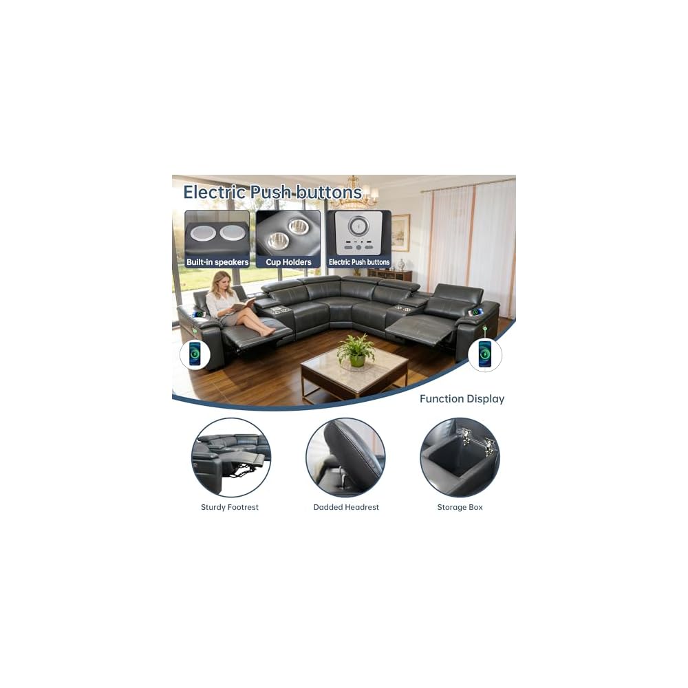 227“ Oversized L-Shaped Power Recliner Sectional Sofa 3Seat with Bluetooth Speakers LED Strip, Wireless Charging Storage Console Cup Holders Tech Leather for Living Room Home Theater, Dark Grey