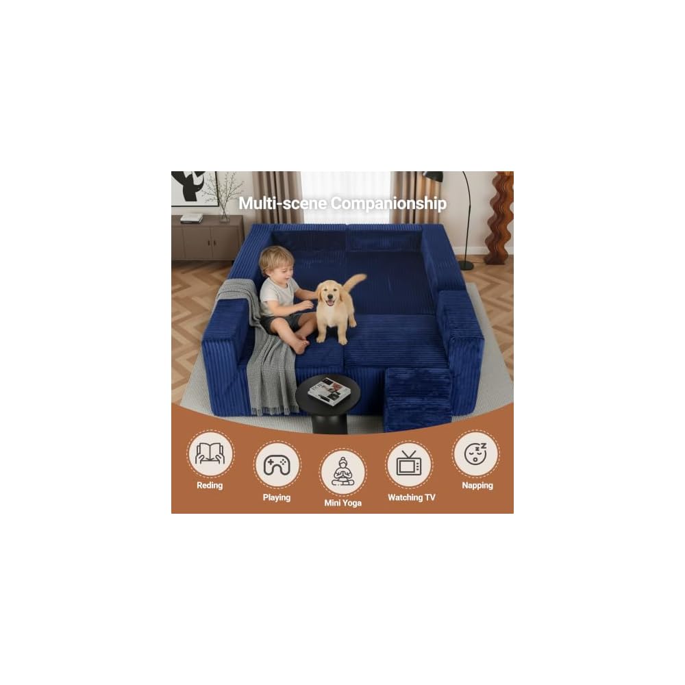 128" Modular U Shaped Sectional Couch, Deep Seat Bonless Couches for Living Room, Modern Couch with 6 Pillows, No Assembly Required, Blue