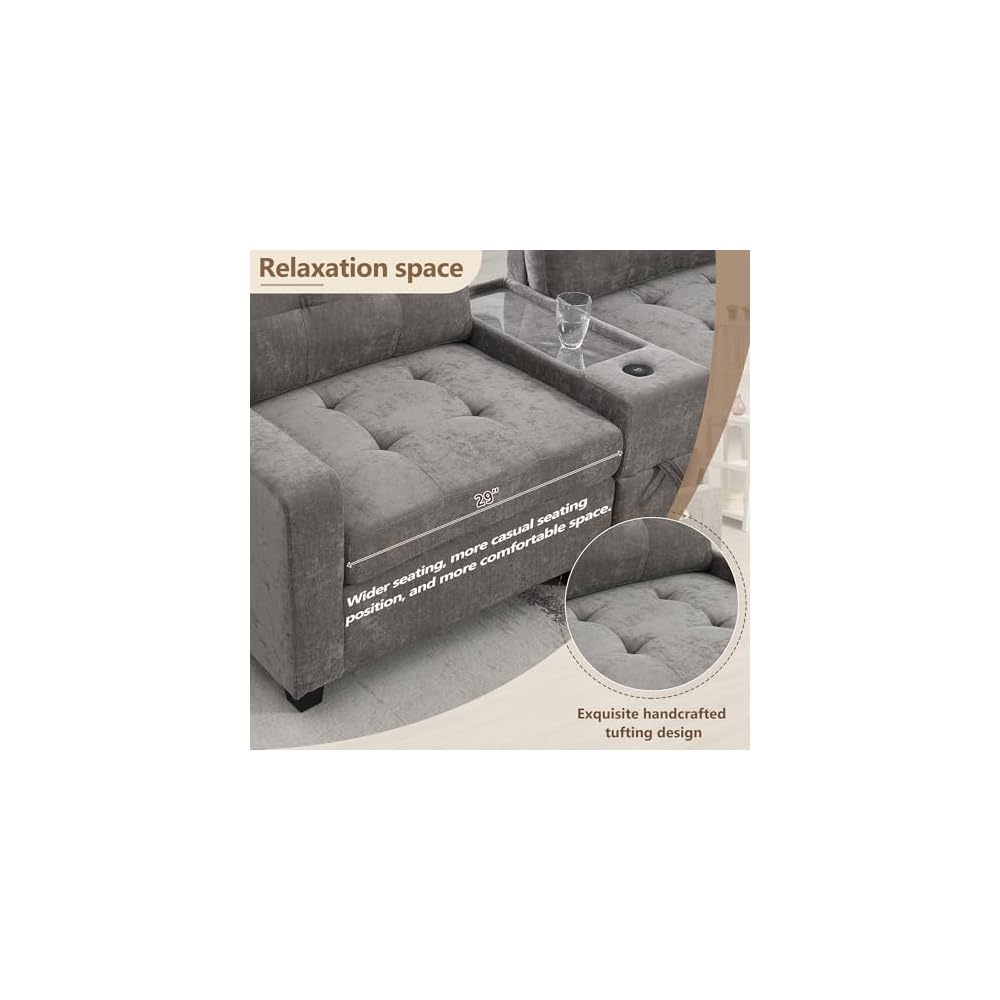 104'' Sectional Sofa with Acrylic Table Top,Chenille U Shaped Couch Set with 2 Consoles,USB Charger,Storage Drawers and Pockets,Movable Ottoman,Tufted Sofa for Living Room,Apartment, Gray