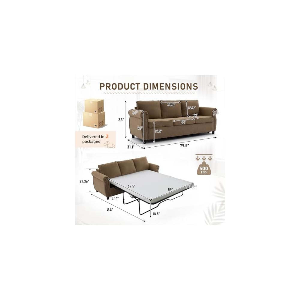 Pull Out Sofa Bed with Mattress Included, Convertible Futon Oversized Chenille 3 Seater Loveseat Sleeper Sofa Couch Bed with Rivet Decoration & Rolled Arms for Guest Room Office Living Room, Brown