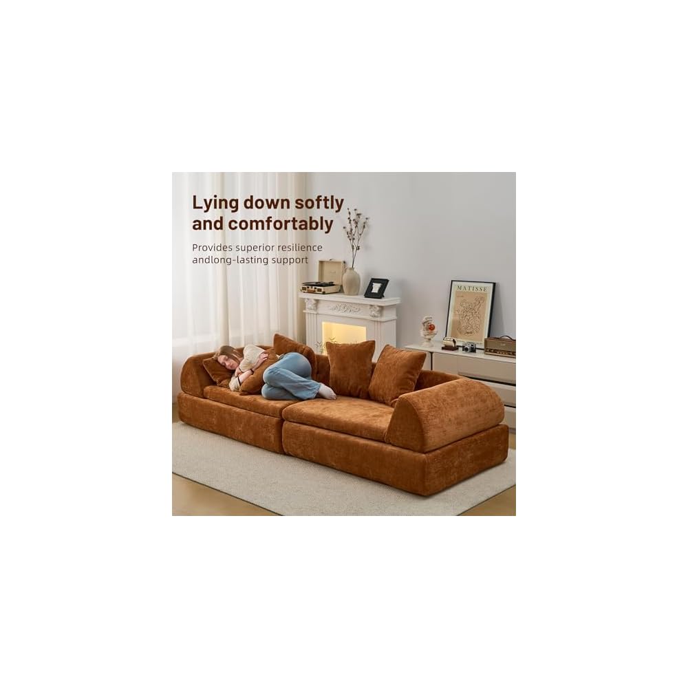 Cloud Modular Sectional Sofa - Boneless Couch with Ottoman & Deep Fluffy Seat, No Assembly Required for Living Room and Bedroom, (Orange, 104 inch, 3)