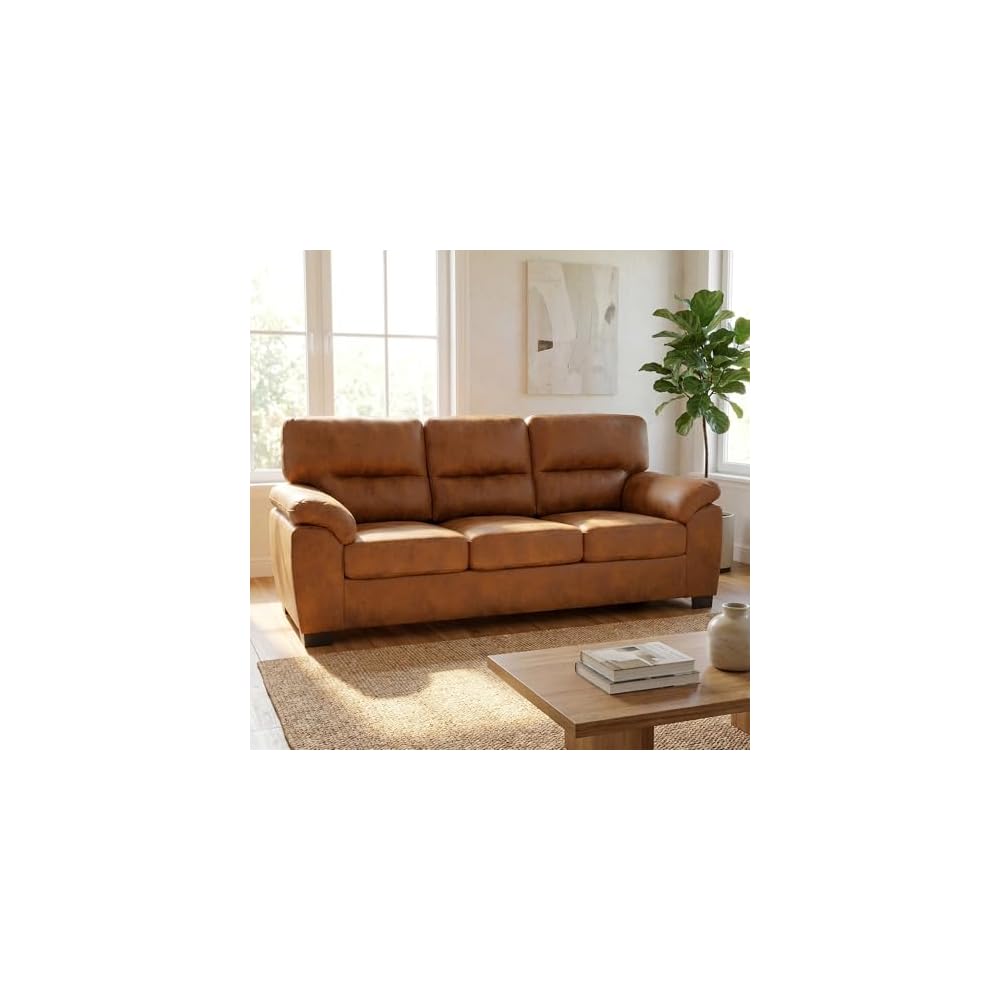 81" Faux Leather Sofa, Mid-Century Modern 3 Seater Couch, Light Brown