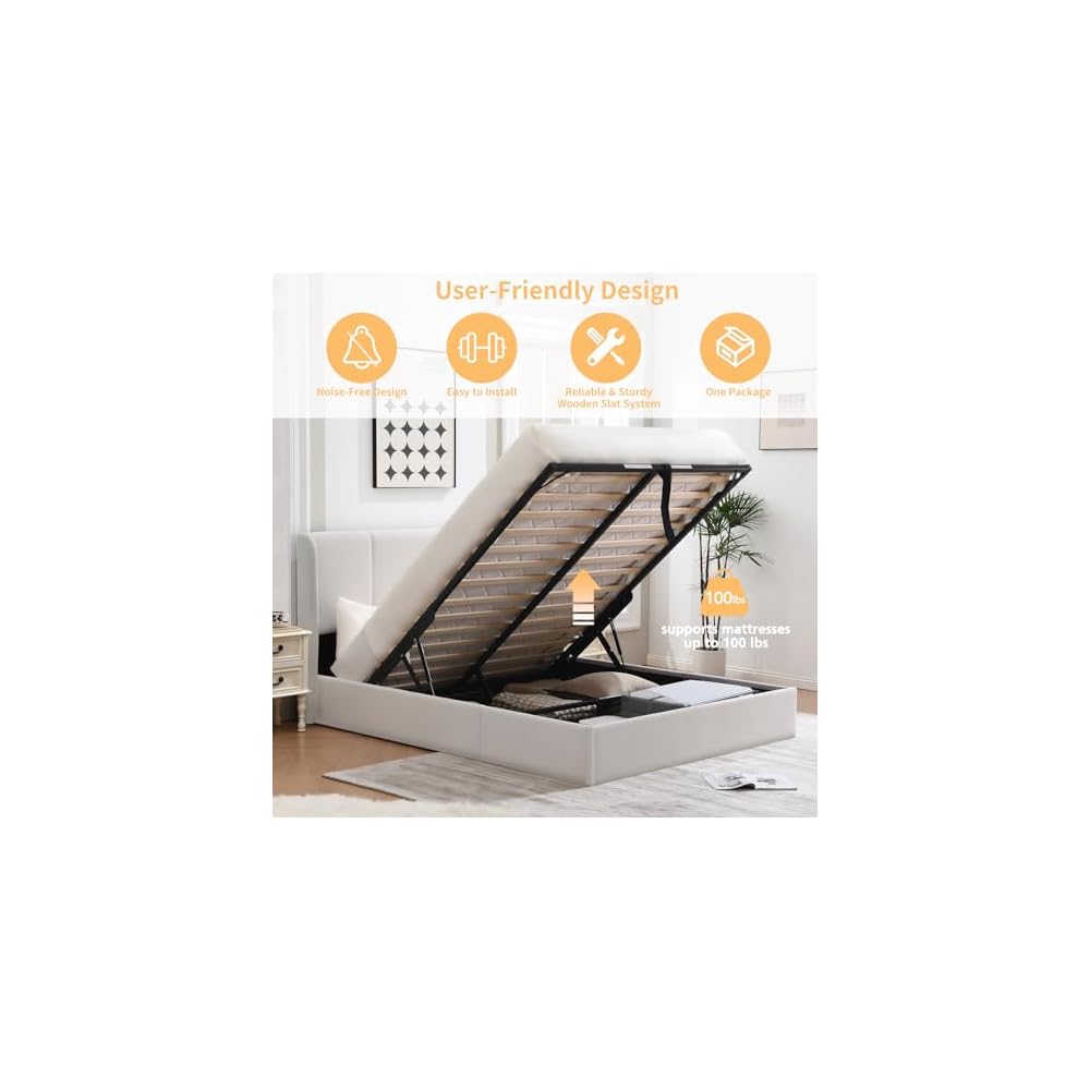 Queen Lift Up Storage Bed Frame, Velvet-Look Upholstered Bed with Modern Wingback Headboard, Gas Lift Storage, Wood Slat Support, No Box Spring Needed, White