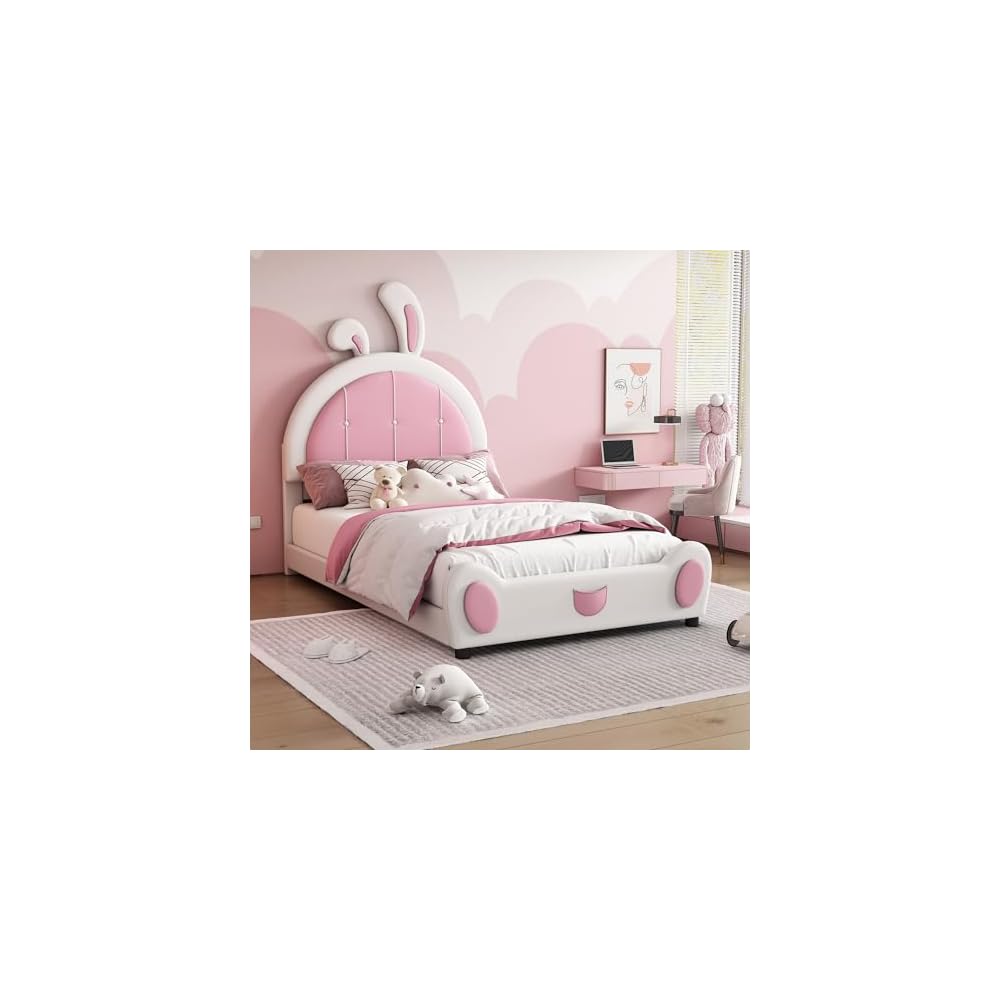 Twin Size Upholstered Platform Bed with Rabbit Shaped Headboard, White and Pink PU Bed Frame, Cute Cartoon Ear Design for Children Bedroom, Wooden Slat Support, No Box Spring Needed
