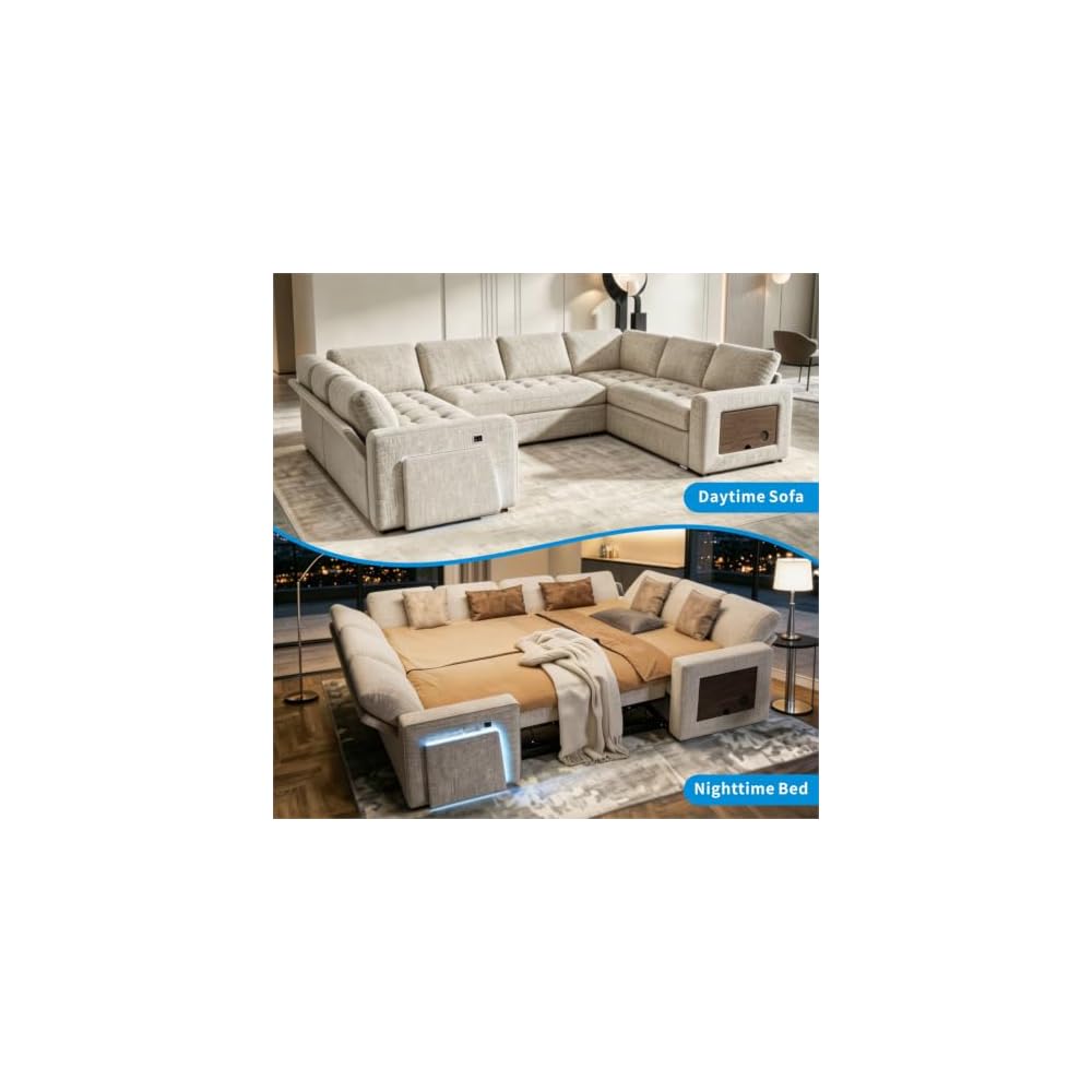 102" Sectional Sleeper Sofa with Pull-Out Bed 8 Seat Modern U-Shaped Modular Couch Reclining Backrest, USB Ports, LED Light, Side Table, Storage Seat, Tool-Free Assembly, Chenille Beige