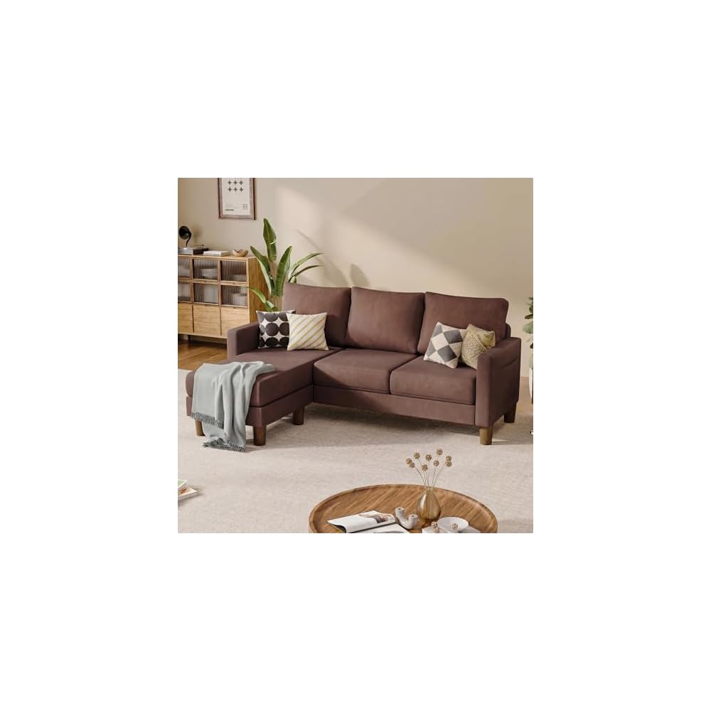 L Shape Sectional Sofa Couch, 3 Seat Convertible Sofa with Movable Ottoman and Side Storage Pockage, Modern Couches for Living Room & Apartment (Linen, Brown)