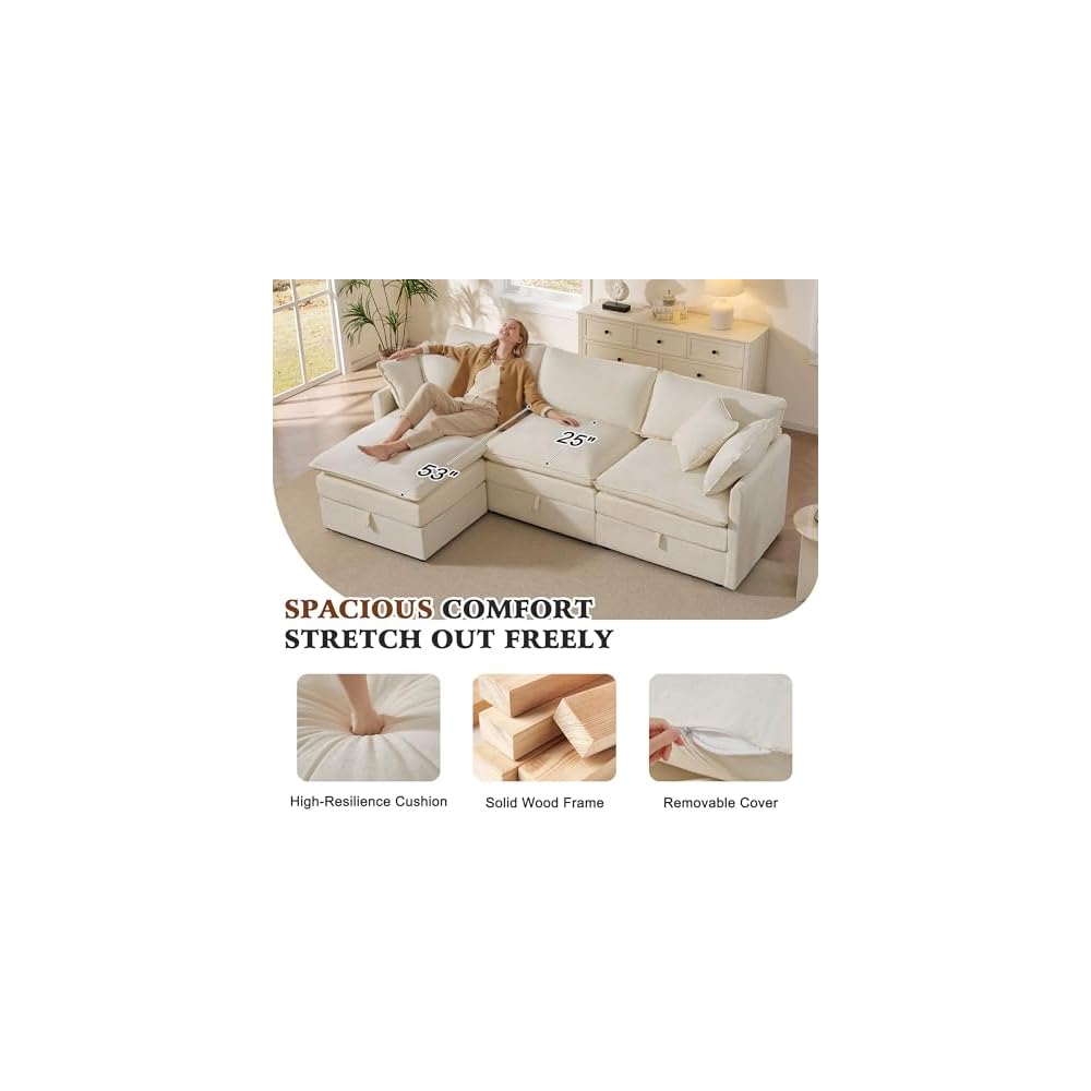 103" Modular Sectional Sofa with Storage, L Shaped Cloud Couch with Movable Ottomans & 4 Pillows, Chenille Deep Seat Sectional Couches for Living Room, Apartment (Beige)