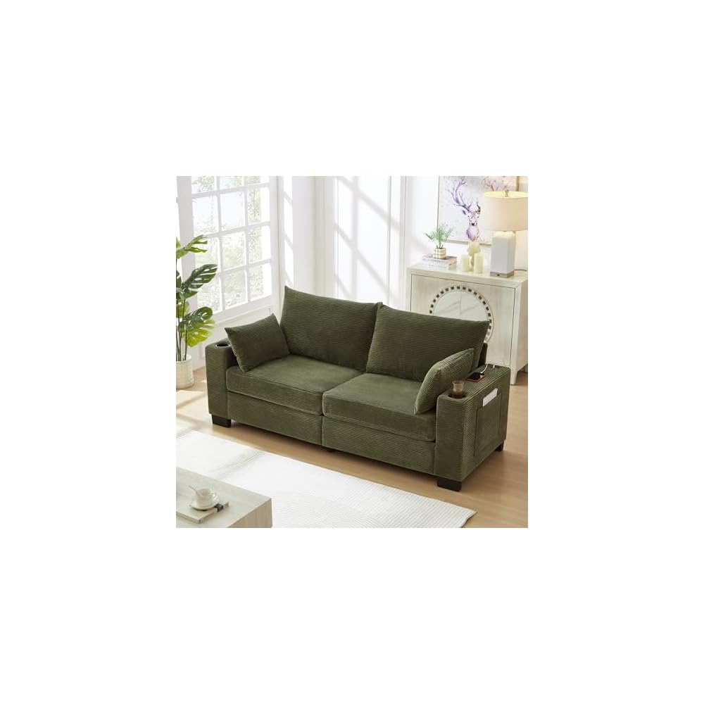 78" Corduroy Small Couches for Living Room, Modern Upholstered Loveseat Sofa with USB & Cup Holders, Side Pocket, Soft Deep 2-Seater Sofa Couch for Living Room Bedroom Office Apartment (Green)