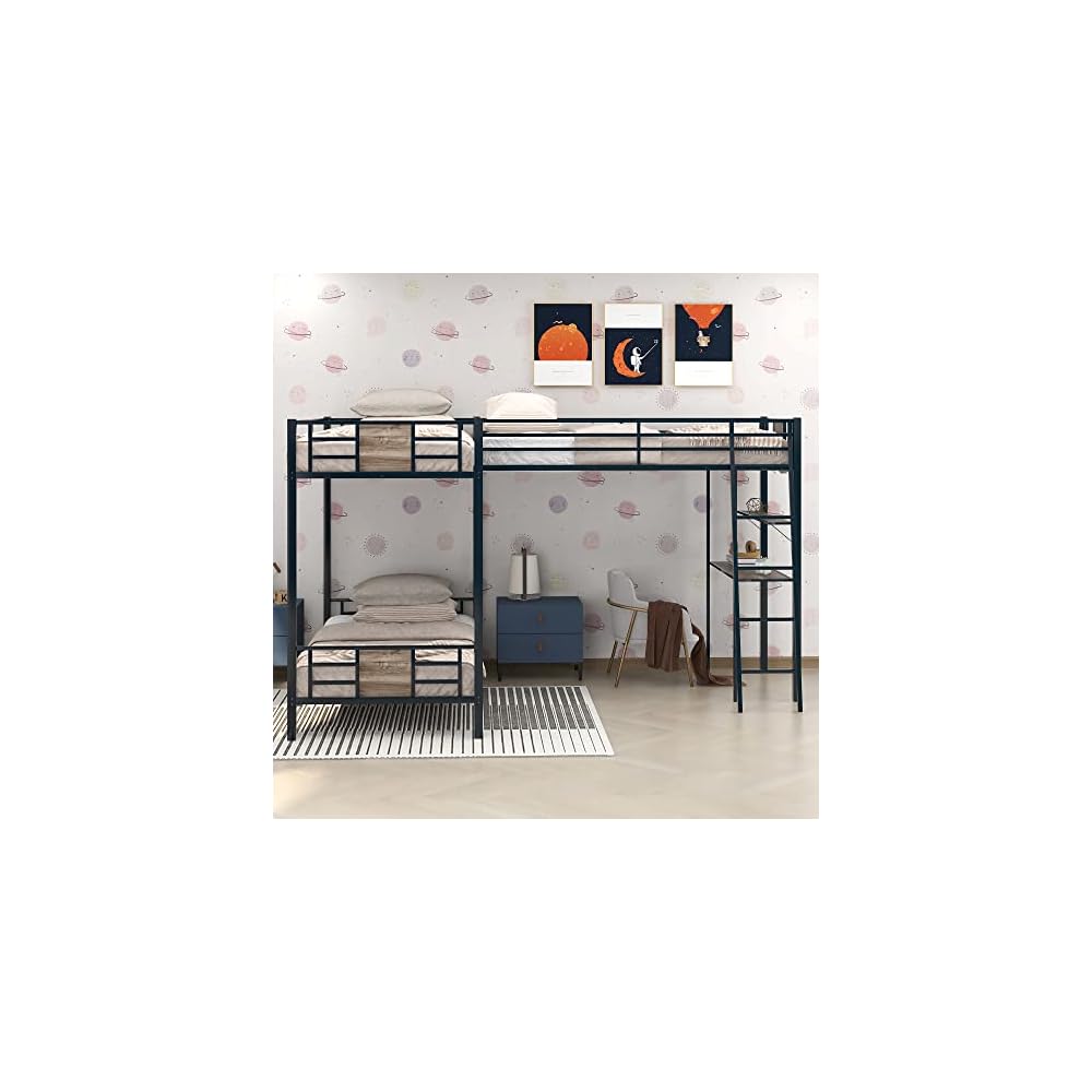 L-Shaped Twin Over Twin Bunk Bed with Twin Size Loft Bed with Desk and Shelf,Brown