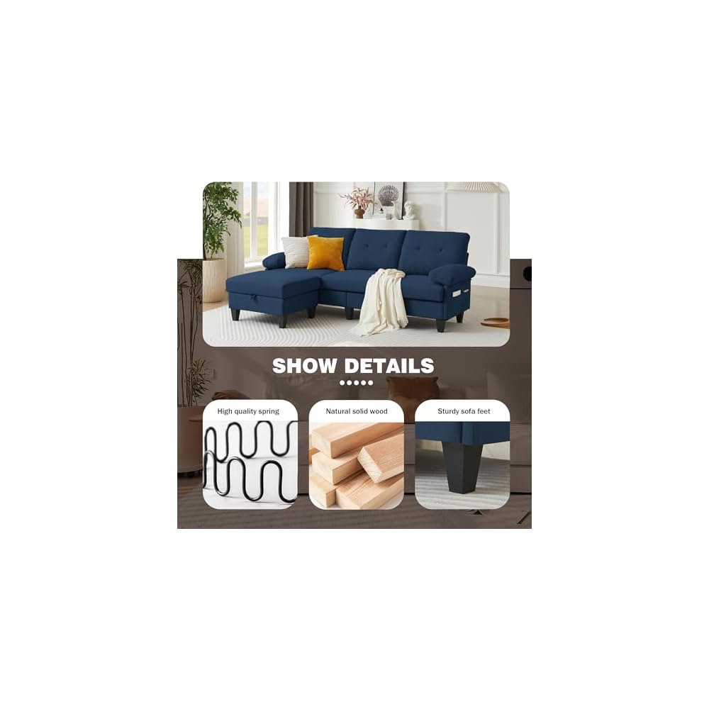 84" Convertible Sectional Sofa, Deep 3-Seat L Shaped Sectional Couch with Ottoman, Modern Linen Upholstered Couches for Living Room, Apartment and Small Spaces (Blue)