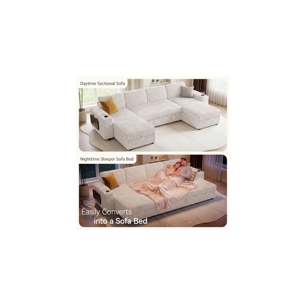 Modular Sectional Sleeper Sofa with Pull Out Bed, 108”U Shaped, Ivory
