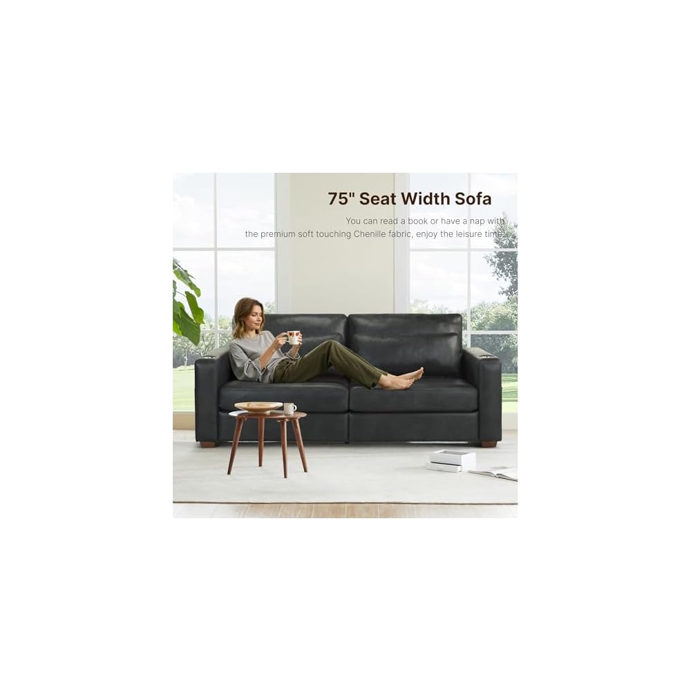 89" Sofa Couch for Living Room Faux Leather Upholstered Couch with Deep Seats and Wide Armrests 3 Seater Comfy Sofa with Cup Holders, USB & Type-C Ports, Spring Cushion, Solid Wood Frame Black