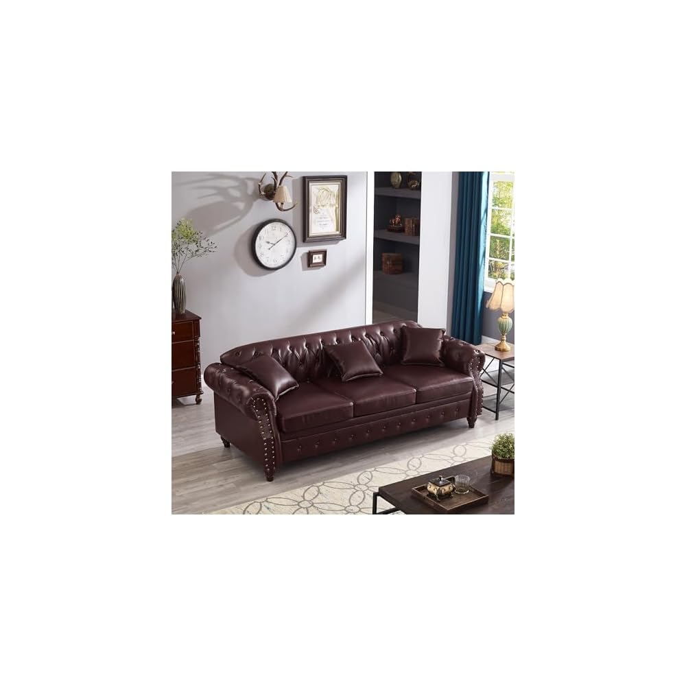 85.8" Chesterfield Sofa, Retro Style Upholstered with Storage Faux Leather PU Couch with Rolled Arm, Nailhead for Living Room Bedroom Office Apartment, Burgundy