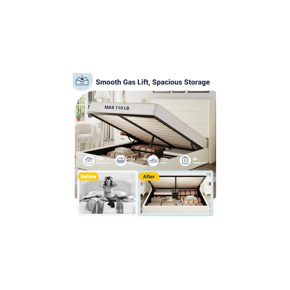 Queen Size Chenille Lift Up Hydraulic Storage Bed Frame Cream White