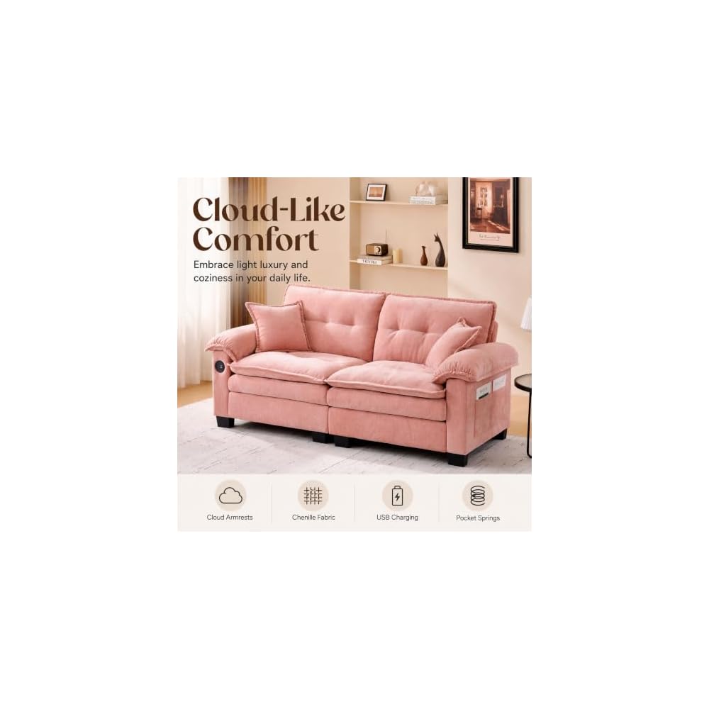 74" Chenille Loveseat Sofa with USB Charging (Pink)