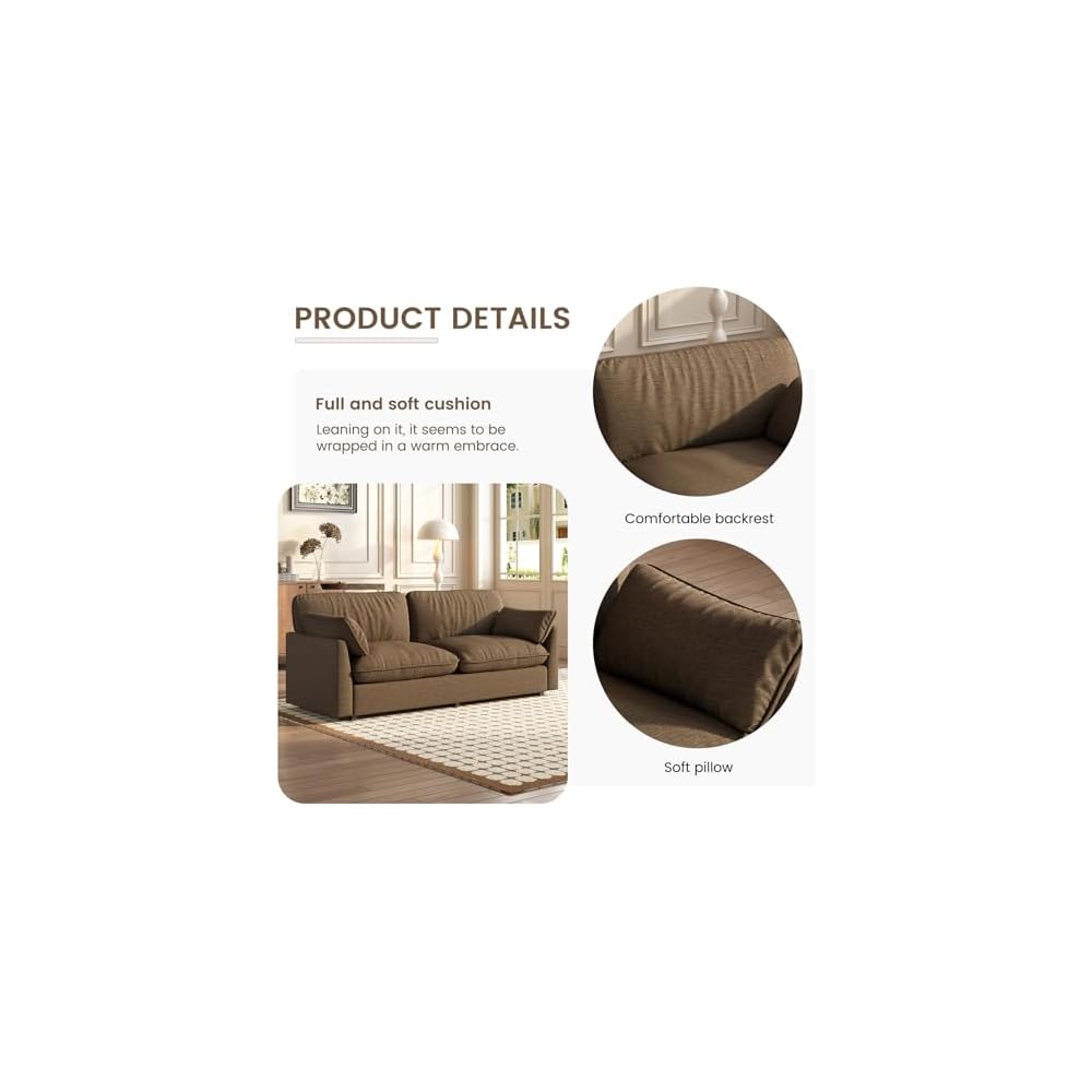 Oversized Couch Loveseat Sofa with 2 Pillows, Modern 2 Seat Cloud Sofas with Extra Wide and Deep Cushions, 2 Seater Sofa Couch for Living Room, Office, Brown, 82.67" L