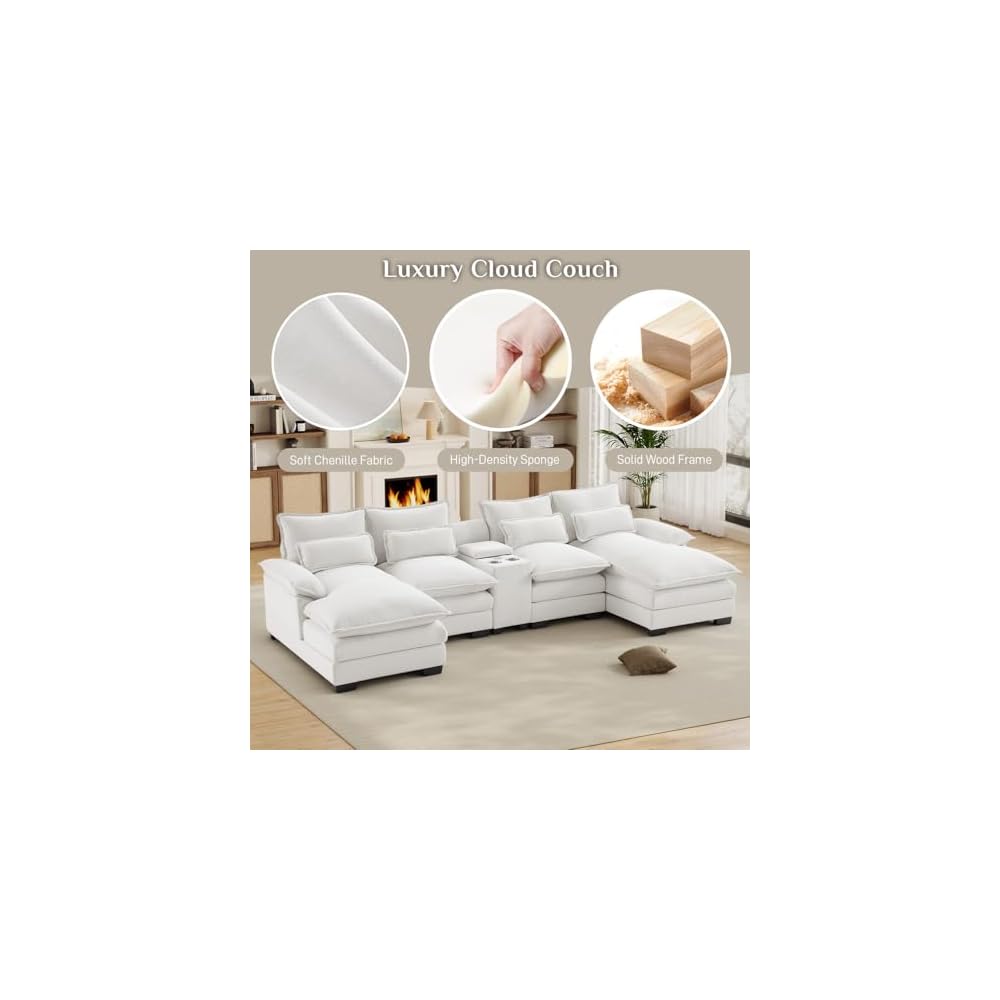 124" Oversized U Shaped Cloud Couch Modular Sectional Couches for Living Room Comfy Chenille Deep Seat Sofa Set with Double Chaise Lounge, Storage Central Console, Cup Holders, USB Port, Beige