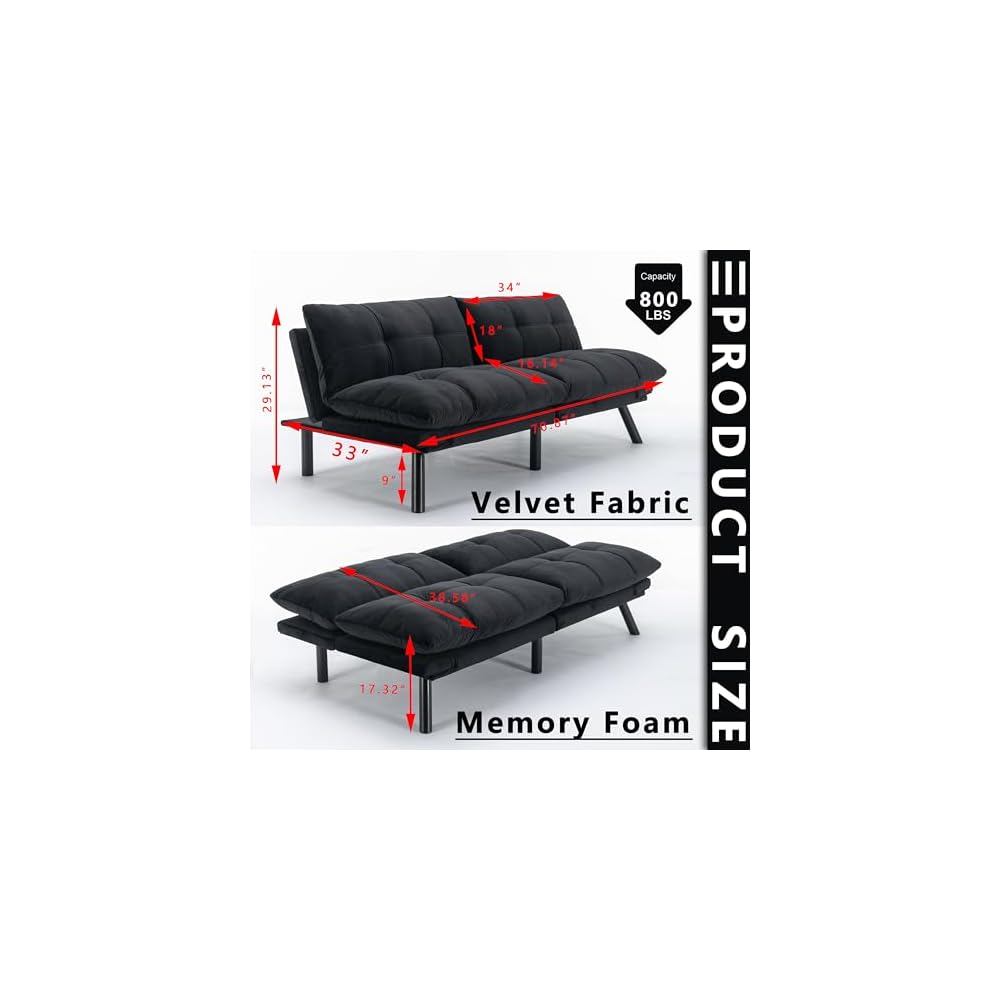 71" Velvet Futon Couch Bed with Mattress Included,Convertible Folding Sleeper Sofa Bed with Adjustable Backrests,Modern Loveseat Sleeper for Living Room Bedroom Small Space Home Office (Black)