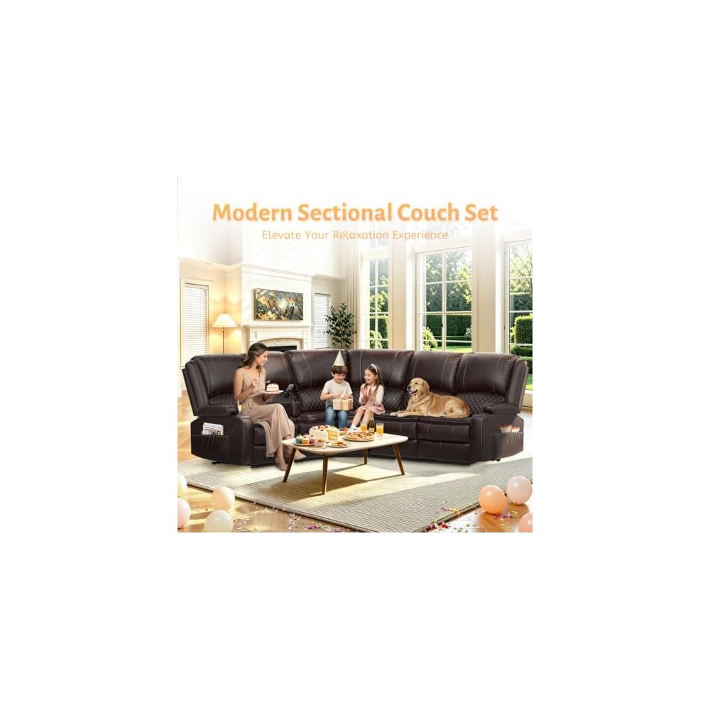 Upgraded 5 Seater Reclining Sofa Set, Modern Living Room Couch (Pu,Brown)