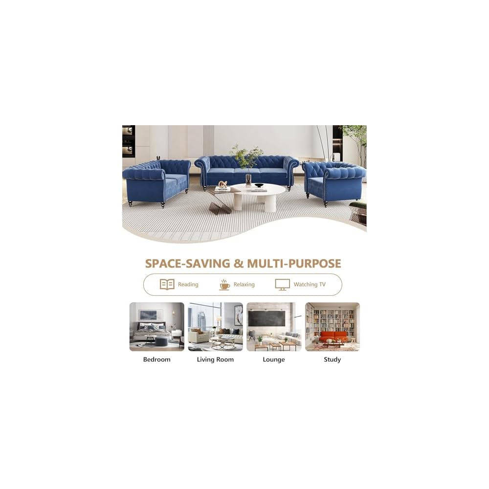 3 Piece Living Room Couch Set, Sectional Chesterfield Sofa Chair Contemporary Upholstered Velvet Loveseat Sofa Sets for Living Room, Office, Small Apartment