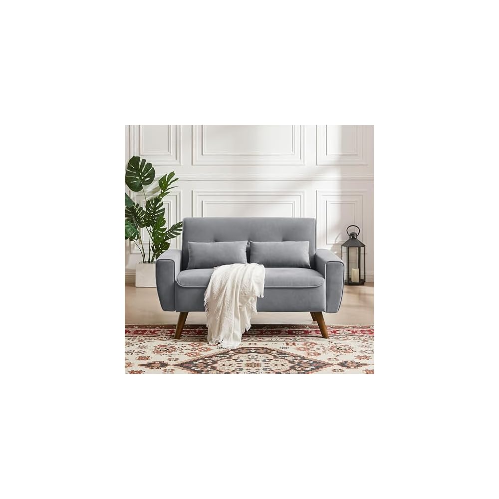 48" Small Loveseat Sofa, Modern Linen Fabric Love Seat Couch, Upholstered 2-Seat Sofa with 2 Pillows and Wood Legs for Living Room, Apartment, Bedroom and Small Spaces,LightGrey