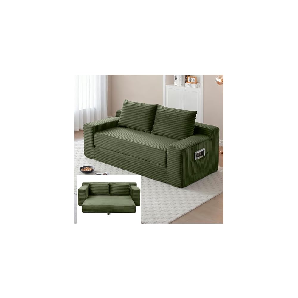 73" Green Boneless Loveseat Couch, 2 in 1 Pull Out Sleeper Sofa with Side Pockets & 2 Pillows, Folding Convertible Corduroy Floor Couch for Apartment Living Room Bedroom Dorm, No Assembly