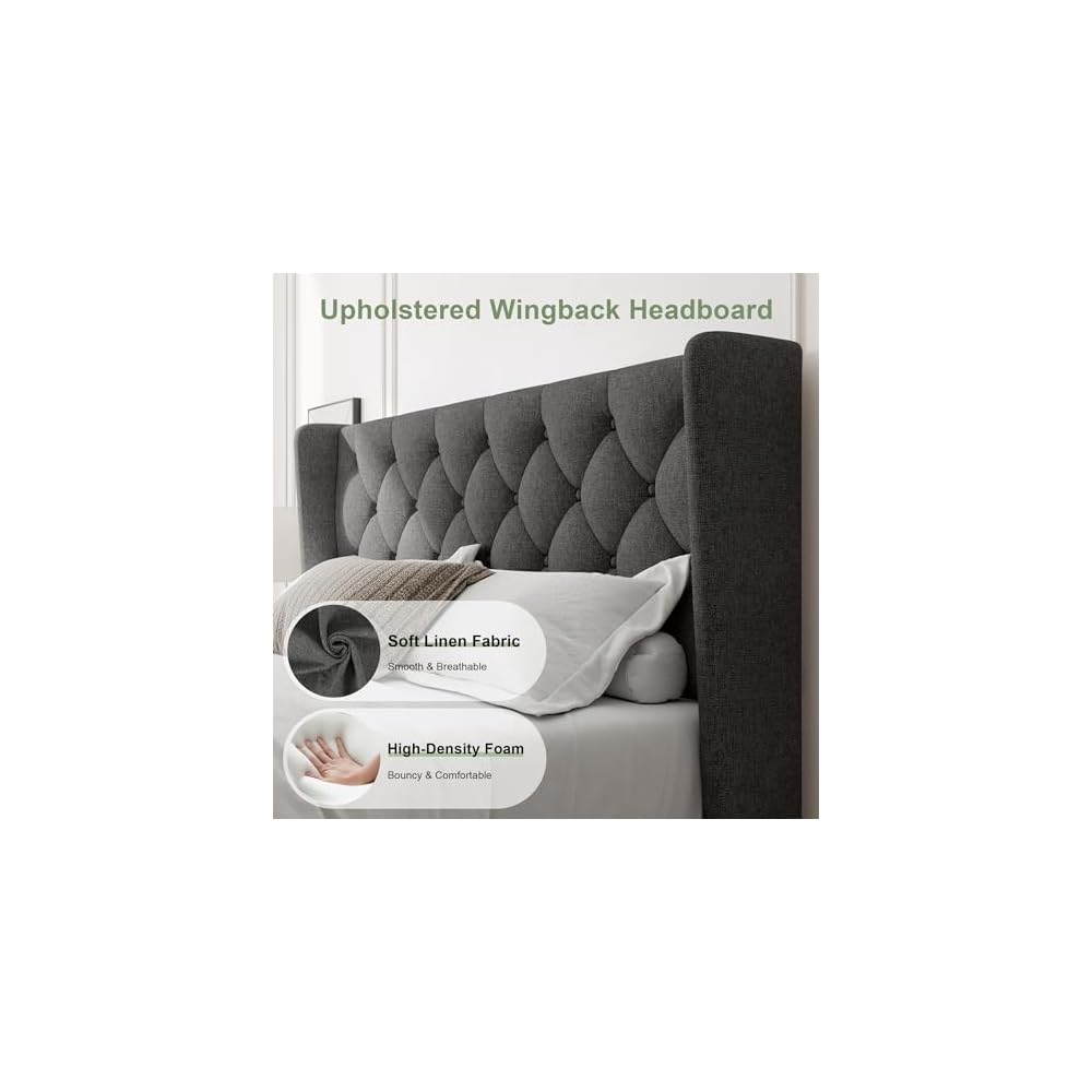 Queen Size Bed Frame with Diamond Tufted Wingback Headboard, Morden Upholstered Platform Bed, Sturdy Wooden Slats Support, Noise-Free, No Box Spring Needed, Easy Assembly, Dark Gray