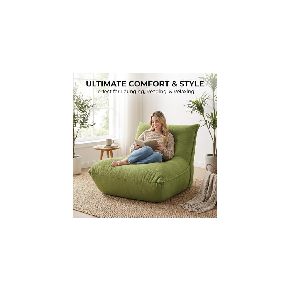 Chaise Lounge Chair - Modern Single Seater Floor Sofa with Pillow, Memory Foam Filled Compressed Sofa for Bedroom Game Living Room - Comfortable Ergonomic Lounger, No Assembly Needed, Green