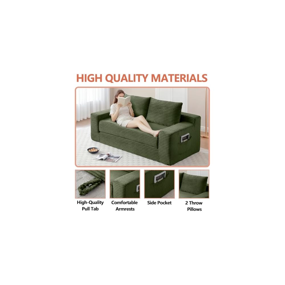 73" Green Boneless Loveseat Couch, 2 in 1 Pull Out Sleeper Sofa with Side Pockets & 2 Pillows, Folding Convertible Corduroy Floor Couch for Apartment Living Room Bedroom Dorm, No Assembly