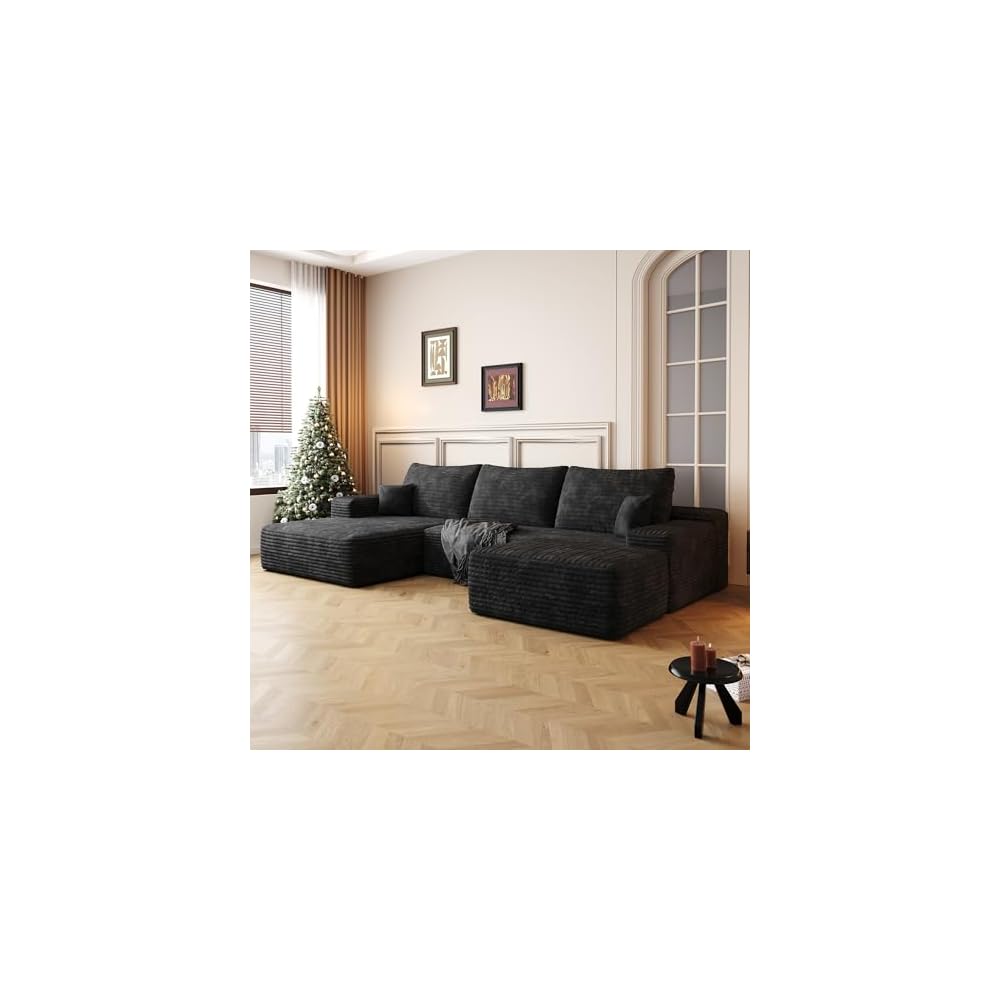 107" U Shaped Cloud Corduroy Couch with Ottoman, Comfy Sectional Boneless Couches for Living Room Bedroom, Deep Seat Sleeper Compression Sofa, No Assembly, Left Facing Chaise, Black