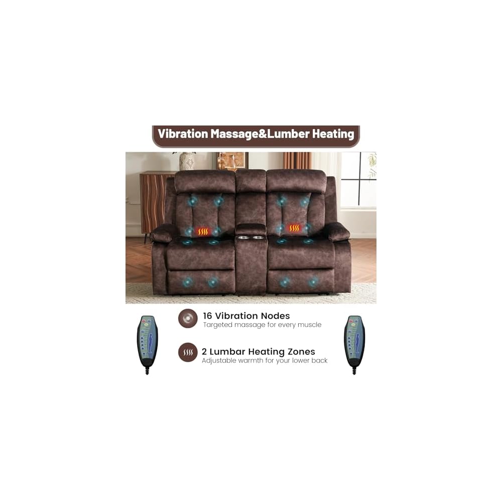 Power Reclining Loveseat with Console, Loveseat Recliner Sofa with Massage & Heat, Perfect Electric Couch for Living Room (Brown)