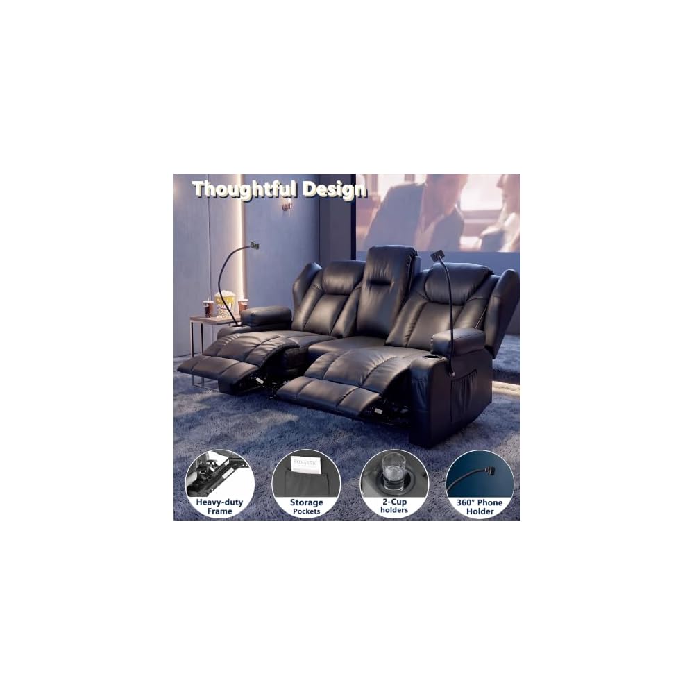 Loveseat Recliner with Massage and Heat,Built-in Bluetooth Audio & Cup Holders,Manual Wall Hugger Reclining Sofa Ideal for Small Spaces, RVs, Home Theater or Living Room，Black