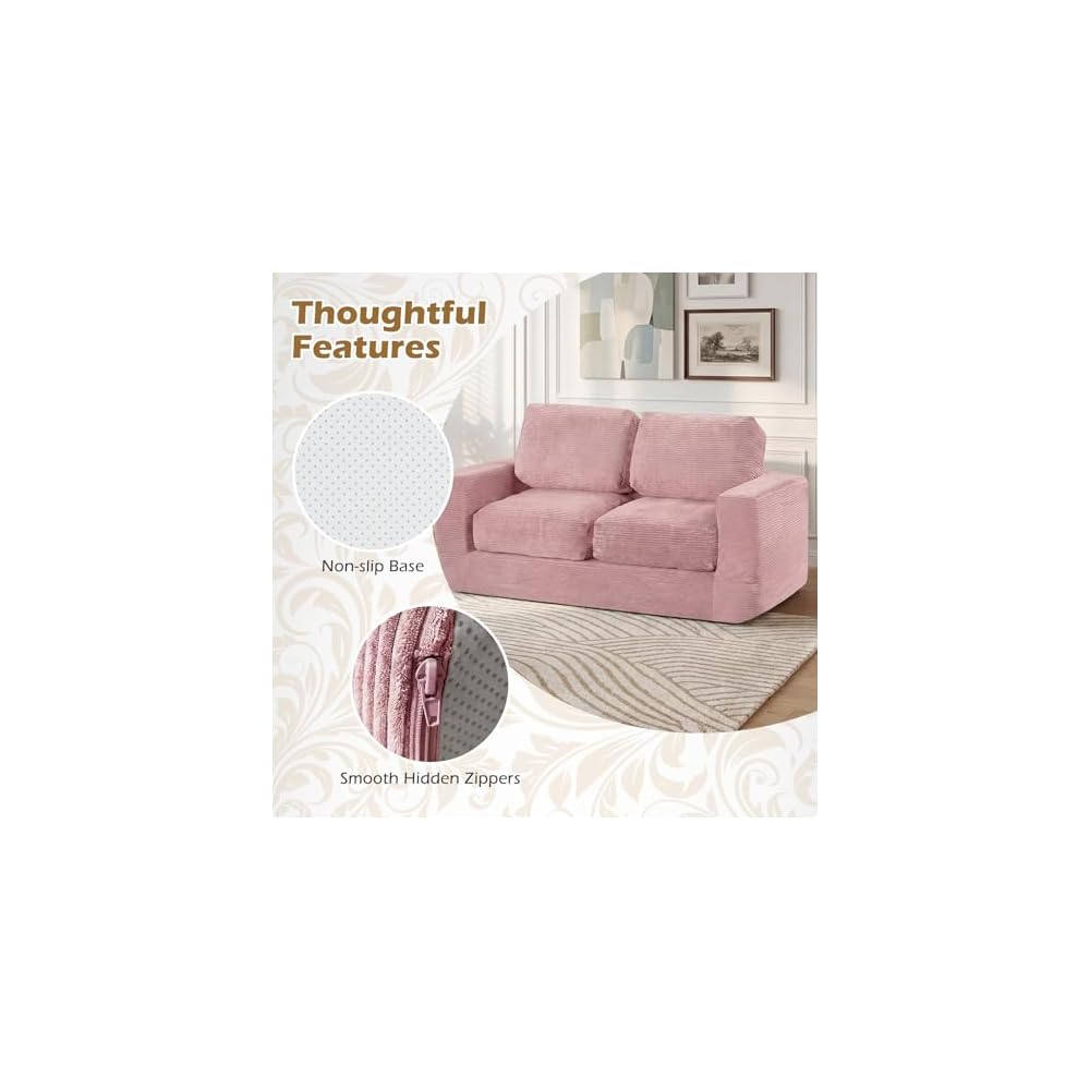 2-Seater Floor Couch, Loveseat Foam Sofa with Removable Corduroy Cover, Back & Seat Cushions, No Assembly, Boneless Loveseat Sofa for Small Spaces, Apartment, Living Room (Pink)