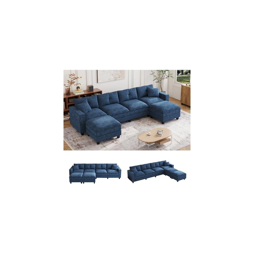 137",U Shaped Couch,Modern Modular Sectional Sofa, 4-Seater Comfy Cloud Couch with Two Movable Ottoman & Throw Pillows for Living Room, Bedroom and Apartment, Dark Blue