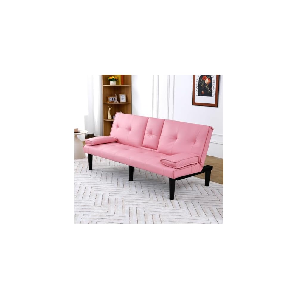Convertible Sofa Bed, 67-Inch Pink PVC Futon Couch and Sleeper Sofa with Foldable Backrest and Cup Holders for Living Room, Apartment and Guest Room